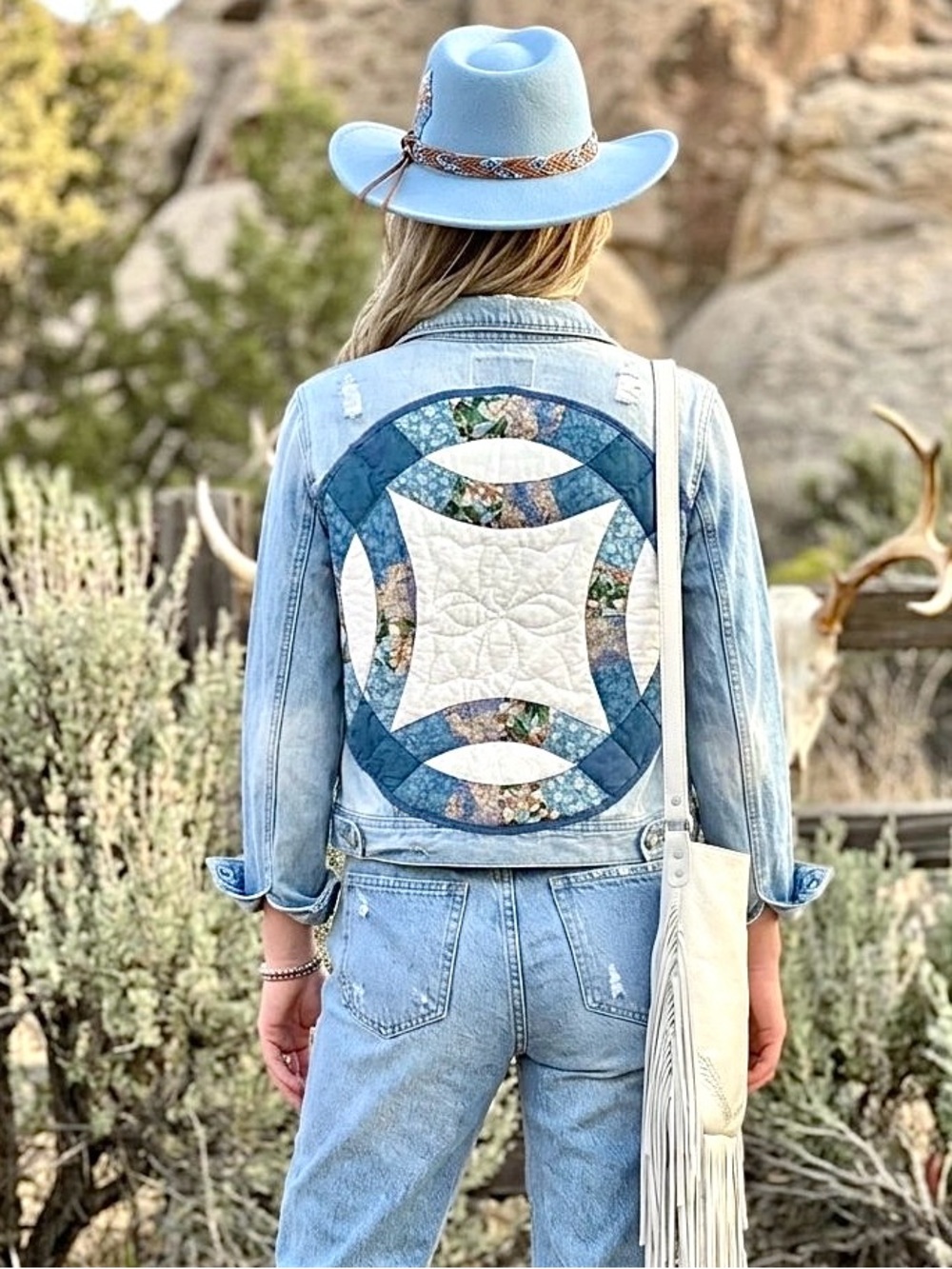 Quilted Back Handcrafted panel Light Wash Denim Jacket w cottagecore rustic vibe